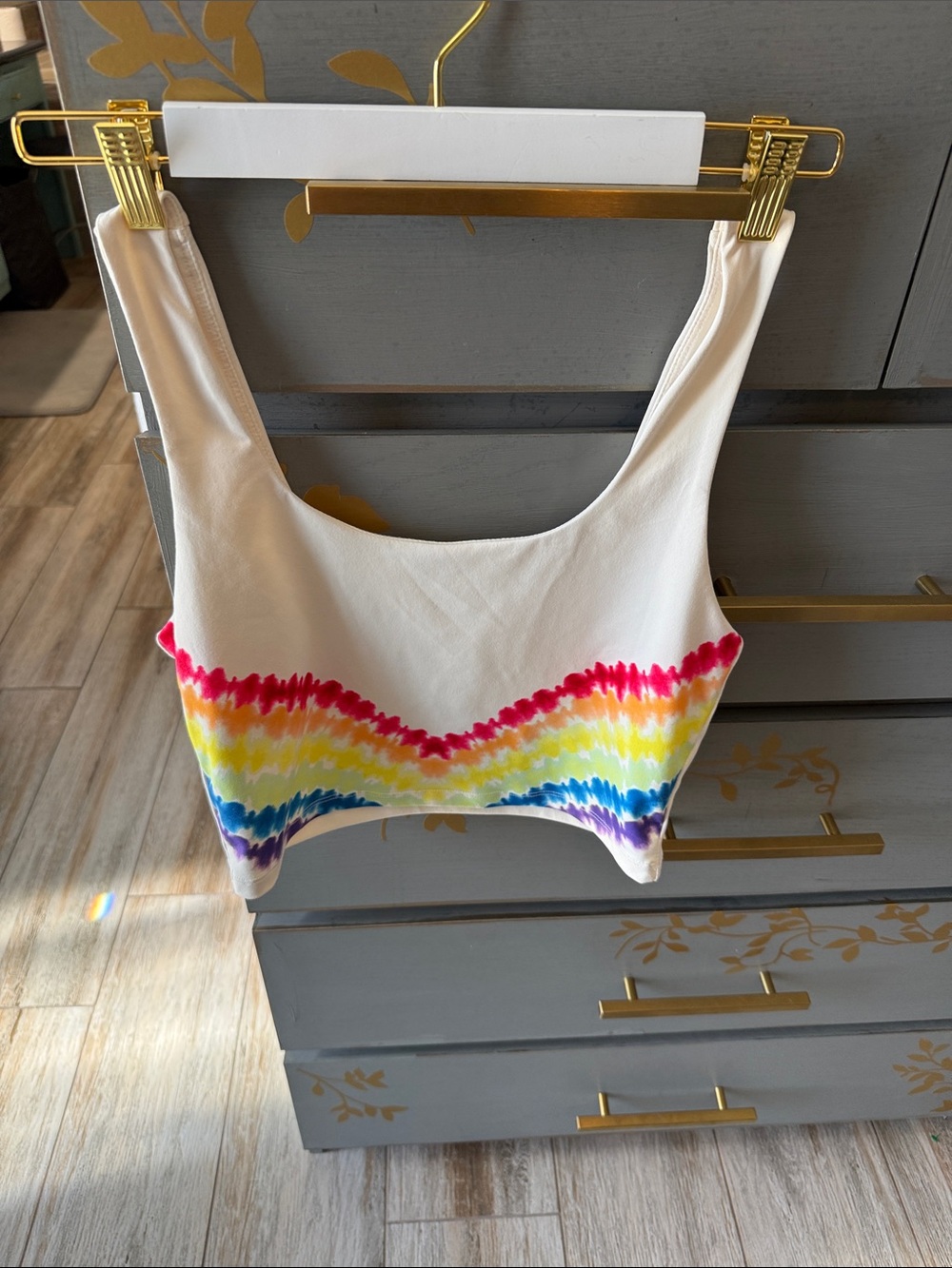 Fabletics White Scoop Tank with Rainbow Tie-Dye Band